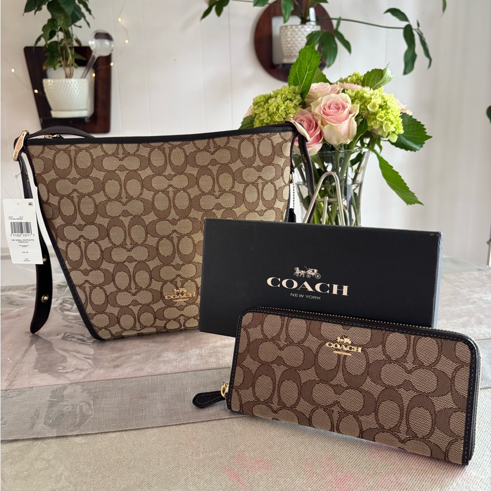 NWT Coach Tan and Black Signature Bag and Wallet Set